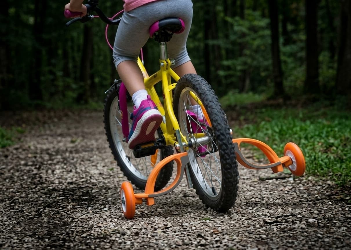 Enfant sur vélo avec Baswil — le vélo s'incline naturellement dans le virage